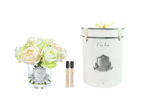 Ароматизированный букет роз и 2 спрея 10мл Cote Noire Rose Buds mixed green blush silver в прозрачной вазе