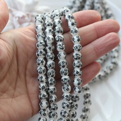 Бусина Шарик, керамика, белая с черной росписью, 8 мм, 1 нить, К155