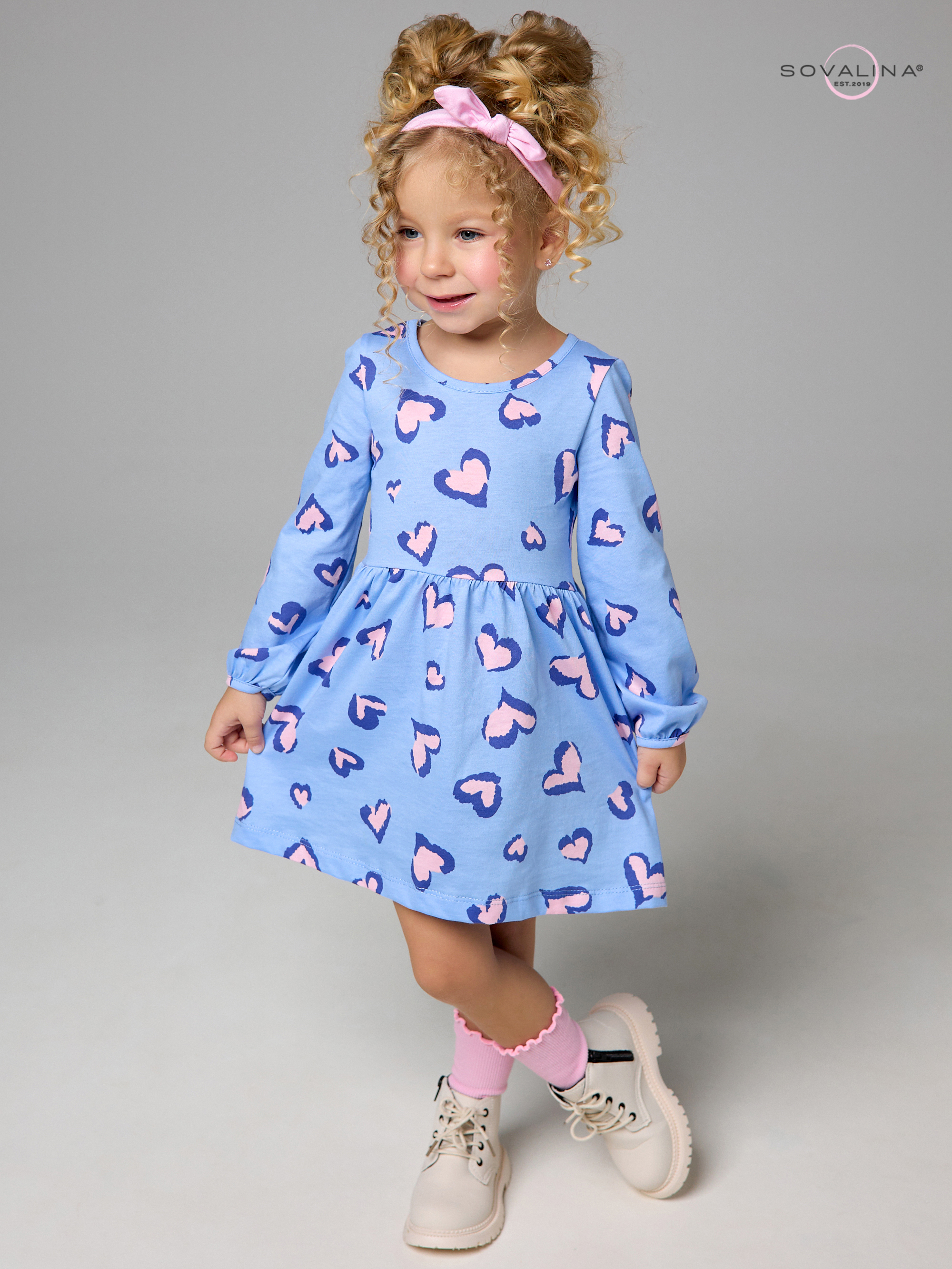Платье Моана розовые сердечки на голубом