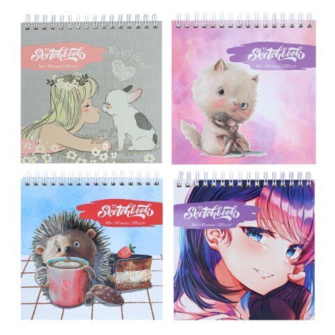 Скетчбук, бежевая бумага 100г/м2, А6, 40л, спираль сверху, без линовки, принт микс