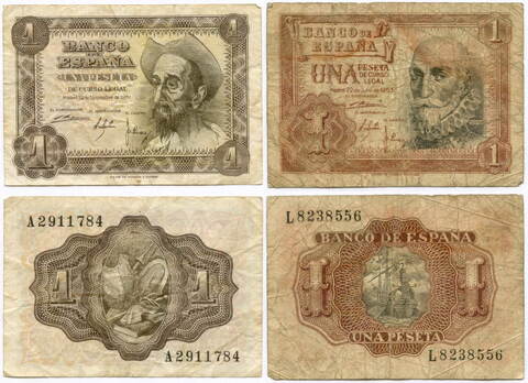 Банкноты Испания 1 песета 1951 и 1953 гг (из обращения)