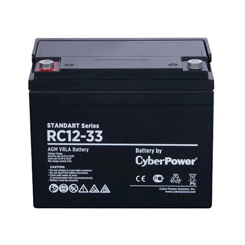 Аккумуляторная батарея CyberPower RC 12-33 / 12 В 33 Ач, напряжение 12В, емкость (разряд   20ч) 34Ач, макс. разрядный ток (5 сек) 330А, макс зарядный ток 9,9А,   свинцово-кислотная (AGM), клемма М6, ДхШхВ 197х130х159мм., высота с   клеммами170, вес 1