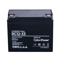 Аккумуляторная батарея CyberPower RC 12-33 / 12 В 33 Ач, напряжение 12В, емкость (разряд   20ч) 34Ач, макс. разрядный ток (5 сек) 330А, макс зарядный ток 9,9А,   свинцово-кислотная (AGM), клемма М6, ДхШхВ 197х130х159мм., высота с   клеммами170, вес 1