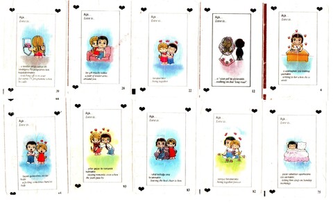 Набор из 10 вкладышей Ask Love is ... без повторов. Номера 4, 12, 22, 28, 39, 65, 75, 82, 83, 93. Следы пользования, состояние на фото