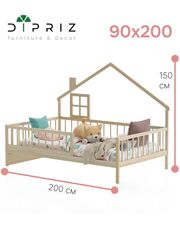 Кровать-домик односпальная 90х200 Локи с настилом из массива сосны для детской комнаты, в натуральной отделке
