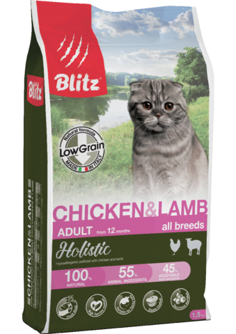 Blitz Adult низкозерновой корм для взрослых кошек (курица,ягненок) 1,5 кг