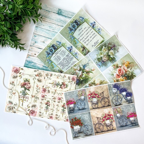 Декупажная карта, размер А4, плотность 45 г\м2, рисунок микс, набор 5 штук.