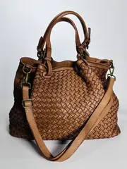 Женская плетеная сумка из натуральной кожи цвета whisky