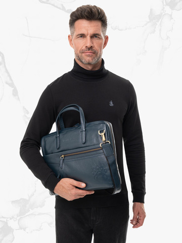 Кожаный портфель универсальный, компактный синего цвета