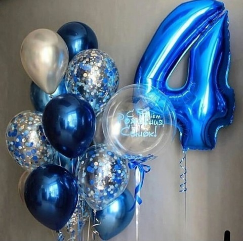 воздушные шары на день рождения ребенку 4 года, фольгированная цифра 4, латексные шары с конфетти, шары хром