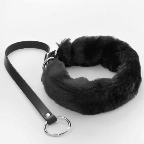 Черный меховой ошейник с кожаным поводком - Sitabella BDSM accessories 3444-1