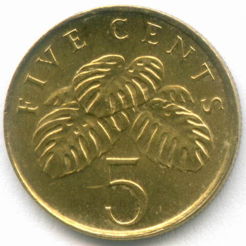 5 центов 1995 год. Сингапур. Лиана - монстера. Алюминиевая бронза, диаметр 16.75 мм. XF-AU