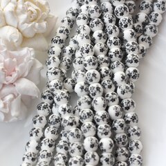 Бусина Шарик, керамика, белая с черной росписью, 8 мм, 1 нить, К155