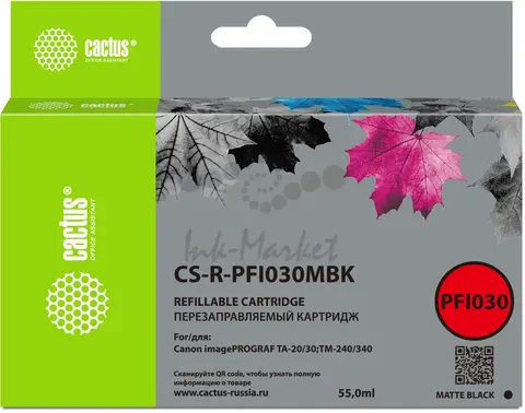 Картридж перезаправляемый струйный Cactus CS-R-PFI030MBK черный матовый (55мл) для Canon imagePROGRAF TA-20/30/TM-240/340