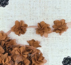 Тесьма текстиль цветок на сетке, ш. 6,5 см, коричневый
