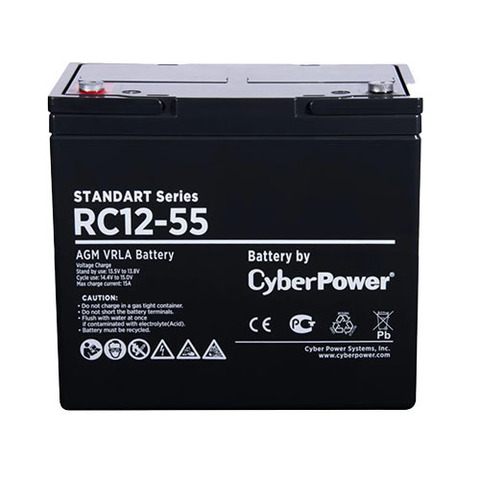 Аккумуляторная батарея CyberPower RC 12-55 / 12 В 55 Ач, напряжение 12В, емкость (разряд   20ч) 57,1Ач, макс. разрядный ток (5 сек) 500А, макс зарядный ток 15А,   свинцово-кислотная (AGM), клемма М6, ДхШхВ 230х138х205мм., высота с   клеммами227, вес