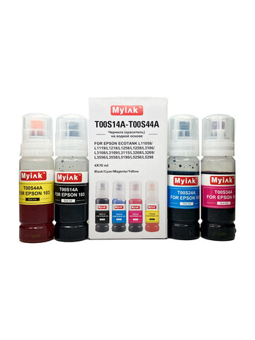 Чернила MyInk для Epson Ecotank L11058, L1119, L1218, L1258, L1259, L3106, L3108, L3109, L3115, L3268, L3269, L3556, L3558, L5190, L5256, L5298 (103/104) - водные 4x70 мл, KeyLock, комплект 4 цвета