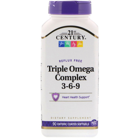21st Century, Triple Omega Complex 3-6-9, 90 мягких желатиновых капсул с кишечнорастворимой оболочкой