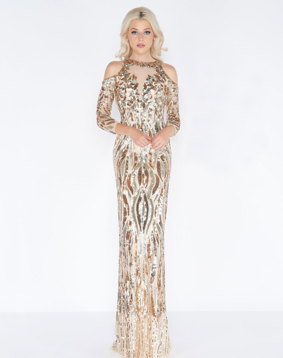 Mac Duggal 4573A Золотое платье в пол с открытой спиной, украшенное пайетками. Застежка: Потайная молния сзади