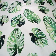 Ткань хлопок белый с зелеными листьями 2035