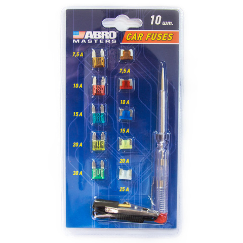 Набор предохранителей с индикаторной отверткой ABRO (Мини:7.5,10,15,20,30А; Микро:7.5,10,15,20,25А) 10 шт