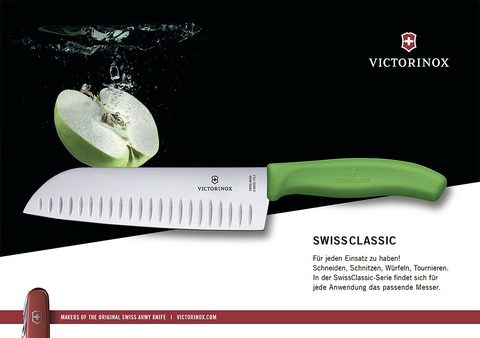 Нож Victorinox сантоку, лезвие 17 см рифленое, зеленый, в картонном блистере