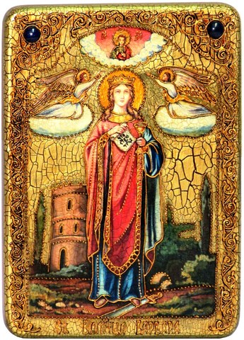 Инкрустированная икона Святая великомученица Варвара Илиопольская 29х21см на натуральном дереве в подарочной коробке