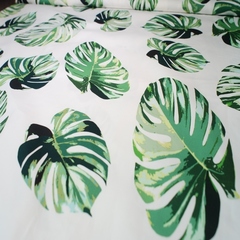 Ткань хлопок белый с зелеными листьями 2035