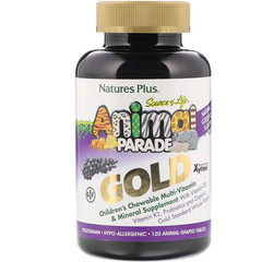 Nature's Plus, Source of Life, Animal Parade Gold, комплекс для детей с мультивитаминами и минералами, со вкусом винограда, 120 таблеток в форме животных