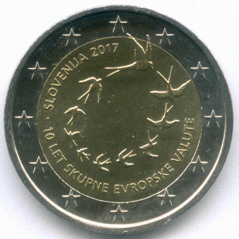 2 евро 2017 год. Словения. 10 лет введению евро в Словении. Биметалл UNC