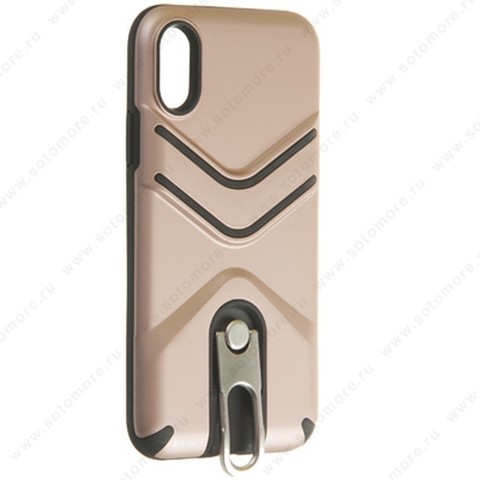 Накладка для Apple iPhone X черная внутреняя резиновая накладка + сверху пластик розовое золото с подставкой Тип 3