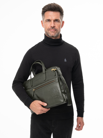 Кожаный портфель универсальный, компактный цвета зелёного хаки