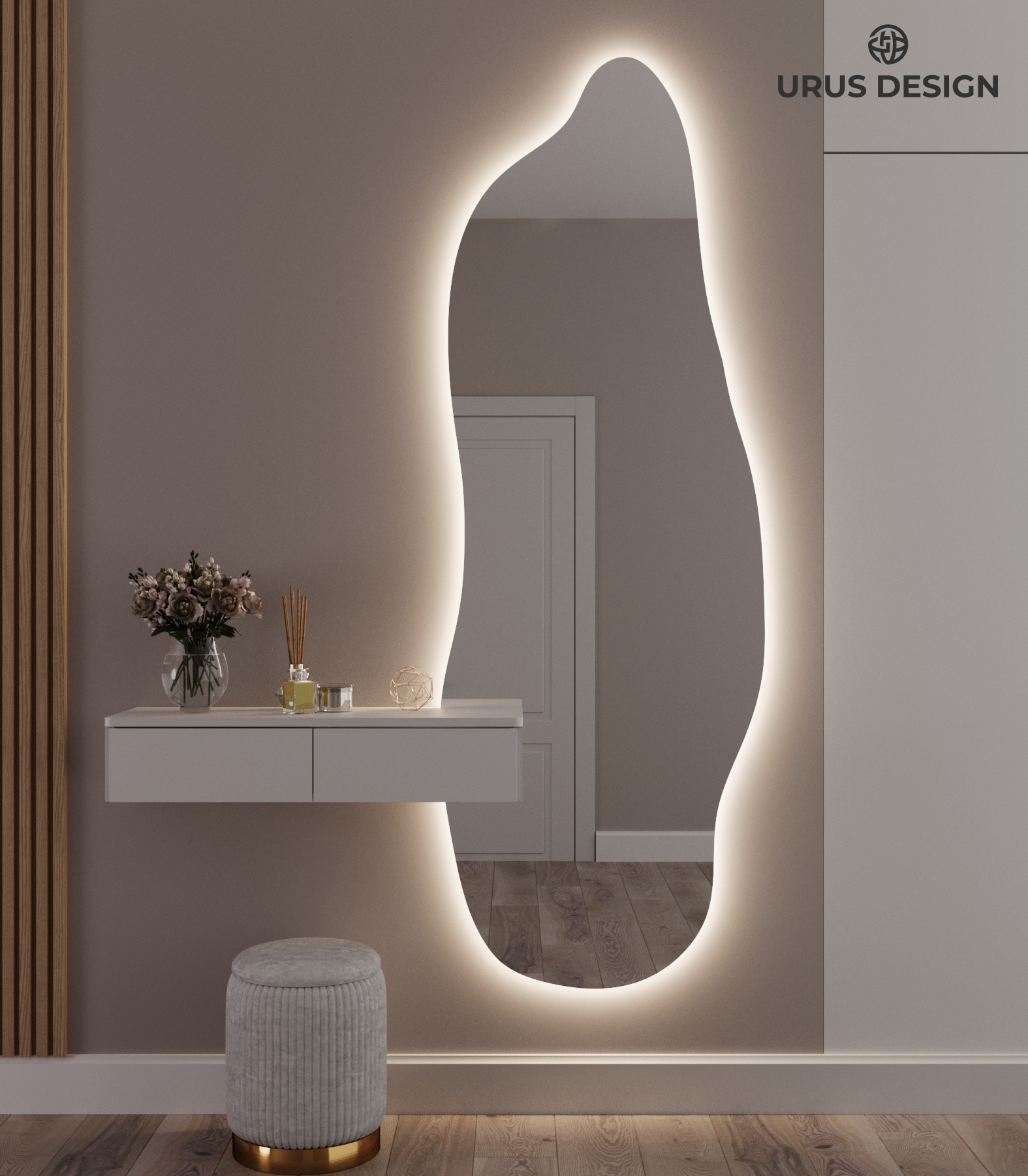 Интерьерное зеркало в форме камня с LED подсветкой.