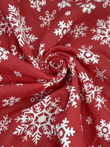 Ткань муслиновая, белые снежинки на красном