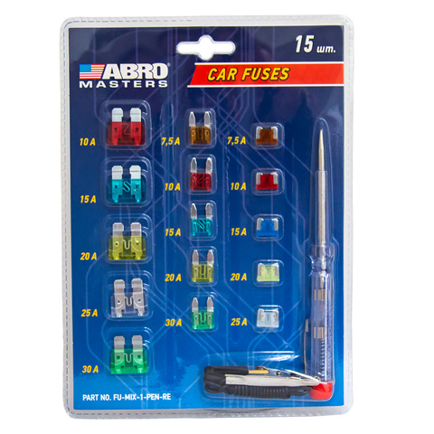 Набор предохранителей с индикаторной отверткой ABRO MSATERS (флажковые, мини, микро) FU-MIX-1-PEN-RE 15шт.