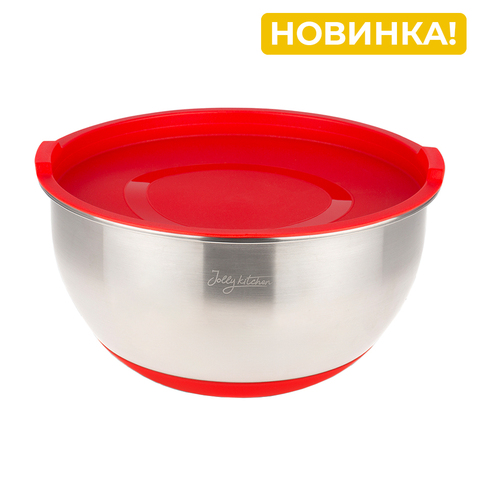 Миска Jolly Kitchen с крышкой, красная, 24 см, нержавеющая сталь 0,5 мм, объем 3,6 л