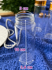 Баночки - бутылочки с золотой крышкой, стеклянные, прозрачные 80 мл, 10*3,7 см, набор 3 штуки.