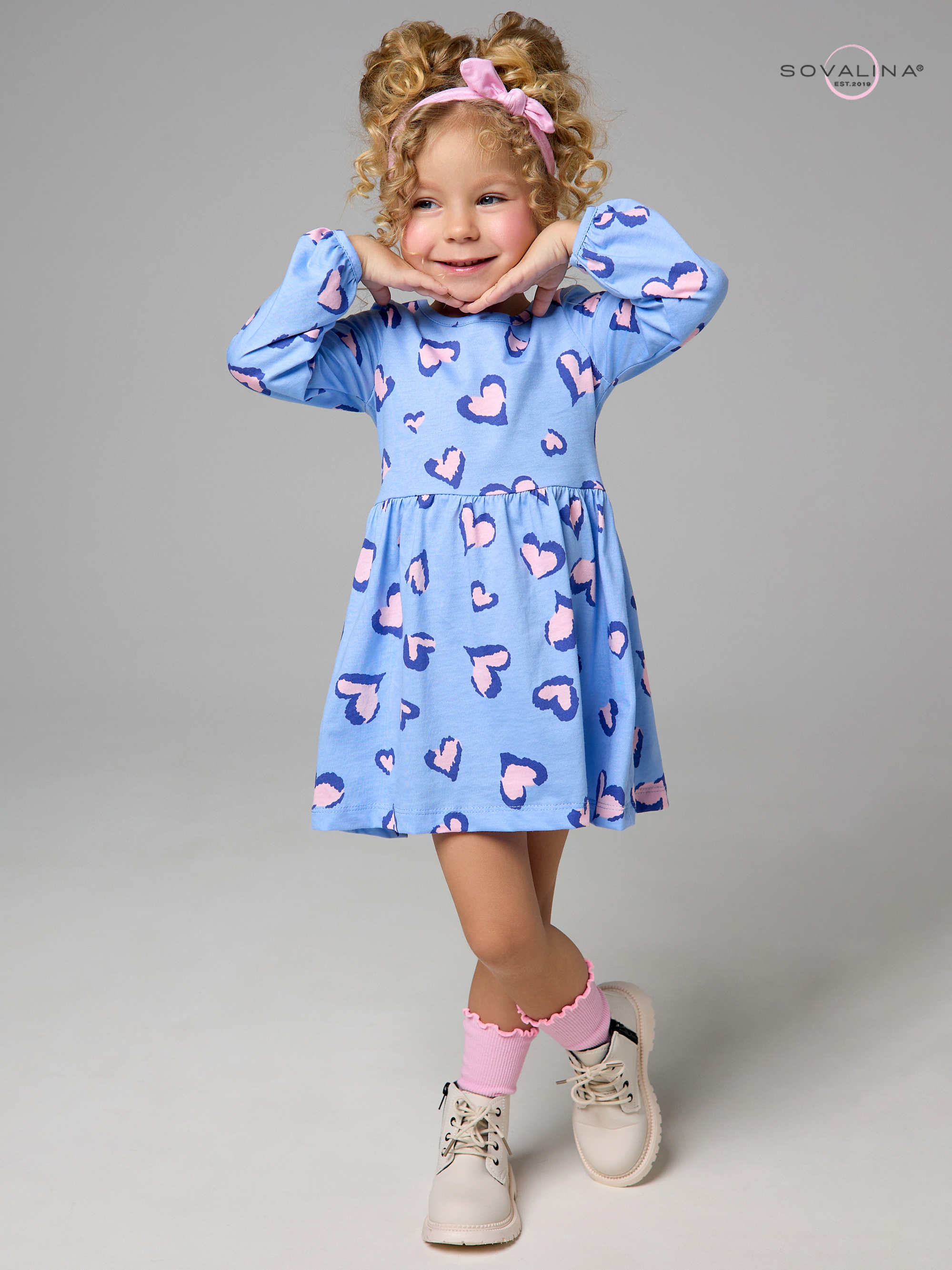 Платье Моана розовые сердечки на голубом