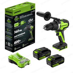 Дрель-шуруповерт ударная Greenworks GD24DD140К4 24V (140Нм) аккумуляторная, с АКБ 2×4 А/ч и ЗУ