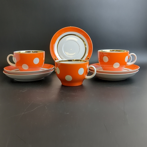 Чайные пары набор на 5 персон (10 предметов), фарфор, роспись "Горох", завод Красный Фарфорист Грузия, винтаж времен СССР 1970-1991 гг (37)