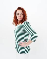 Женская тельняшка с зеленой полосой - Магазин тельняшек.ру 8-800-700-93-18Тельняшка женская приталенная с рукавом 3/4 (зеленая полоса) в Магазине тельняшек