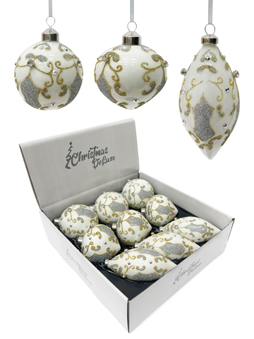 Набор елочных игрушек 8см 9шт ChristmasDeLuxe белый с серебром с орнаментом
