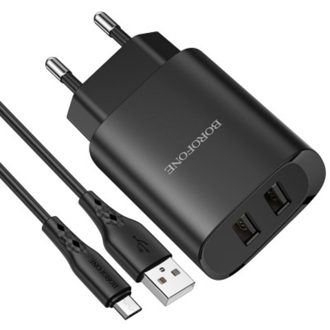 USB BOROFONE BN2 Super fast 2USB/2.1A+ Cable Micro black