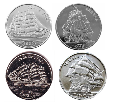 Набор из 4 монет 1 доллар 2020-2021 Горх Фок Фермопилы Тринидад Аврора 4шт, Парусники Корабли Остров Флорес