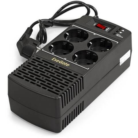 Стабилизатор напряжения ExeGate Power AD5000-500 (500ВА, вход 150-280В, выход 220В±8%, КПД 98%, 5 уровней защиты, 4*Schuko, возможность настенного крепления, RTL)