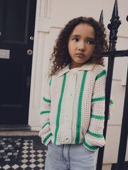 Кардиган вязаный с воротником для девочки Next E25-053, Кремовый, Зеленый