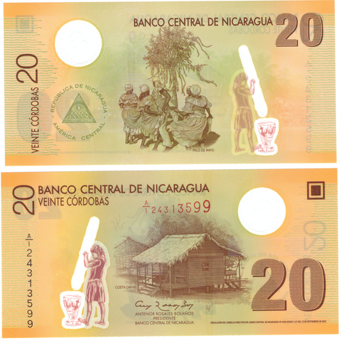 Банкнота Никарагуа 20 кордоба 2007 год A/1 24313599 (пластик). UNC