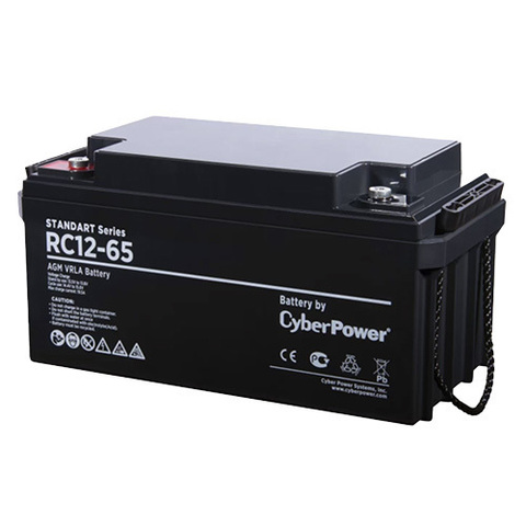 Аккумуляторная батарея CyberPower RC 12-65 / 12 В 65 Ач, напряжение 12В, емкость (разряд   20ч) 67,1Ач, макс. разрядный ток (5 сек) 650А, макс зарядный ток 19,5А,   свинцово-кислотная (AGM), клемма М6, ДхШхВ 350х167х175мм., высота с   клеммами175, ве