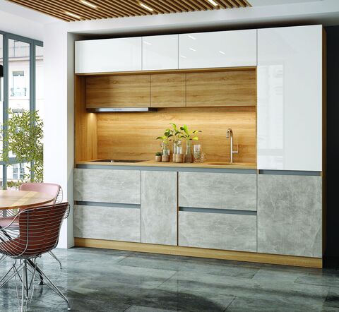 Кухня Карина 2,8м Компоновка №1 (Белый глянец/Бетон светлый, Сонома)