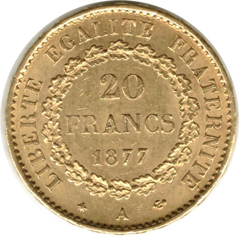 20 франков 1877 год. Франция (Ангел) XF. Золото 900 пробы